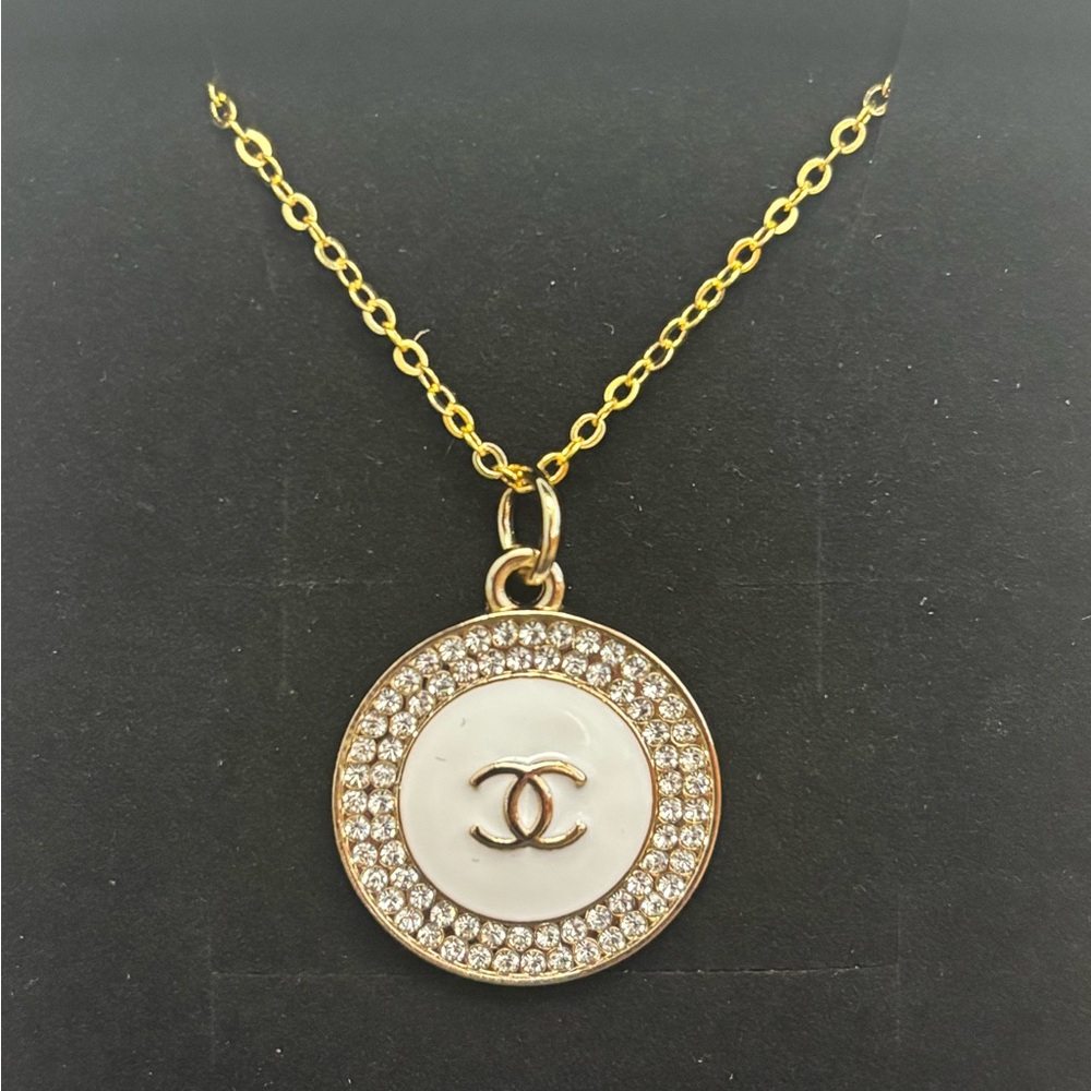 CC CHANEL Gold White Logo Crystal Charm Upcycled Necklace, 18 inches - Picture 2 of 4